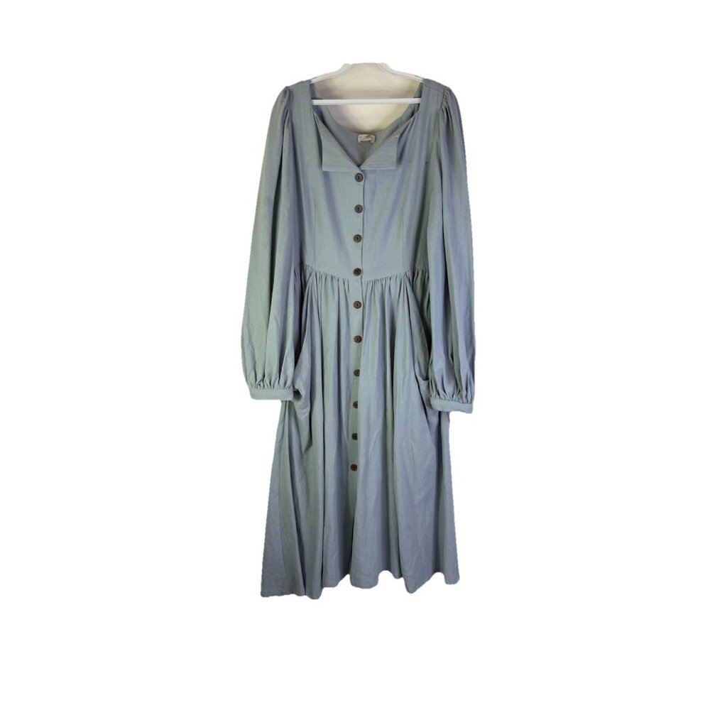 LelaSilk Button Front Milk Maid Peasant Long Sleeve Dress Blue